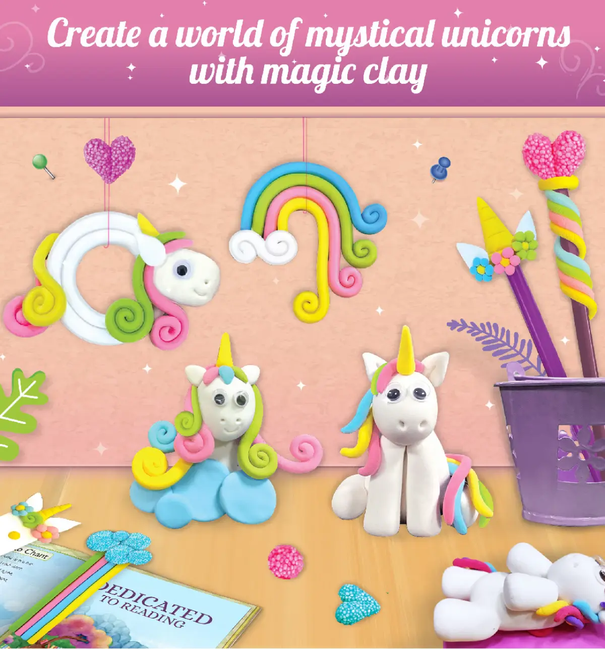 Imagimake Clay Murals Unicorn Modelling Clay & Glass Paint, 5 Designs, Art & Craft Kit, Kids for 5Y+, Multicolour