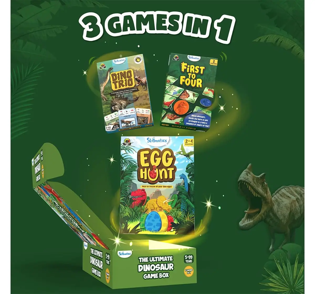 Skillmatics Ultimate Dinosaur Game Box - 3 Family Friendly Games in 1, Perfect for Kids Ages 5 and Up, Multicolour