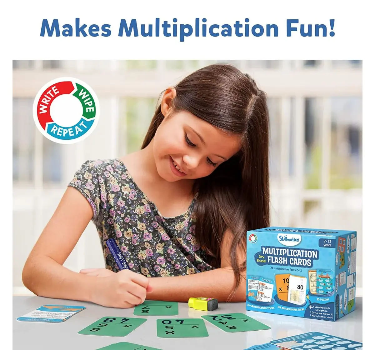 Skillmatics Multiplication Flash Card - 169 Cards with Dry Erase Marker, 2nd to 6th Grade Math Practice, Bonus Puzzles, Tips, Tricks, Games & Chart, Multicolour