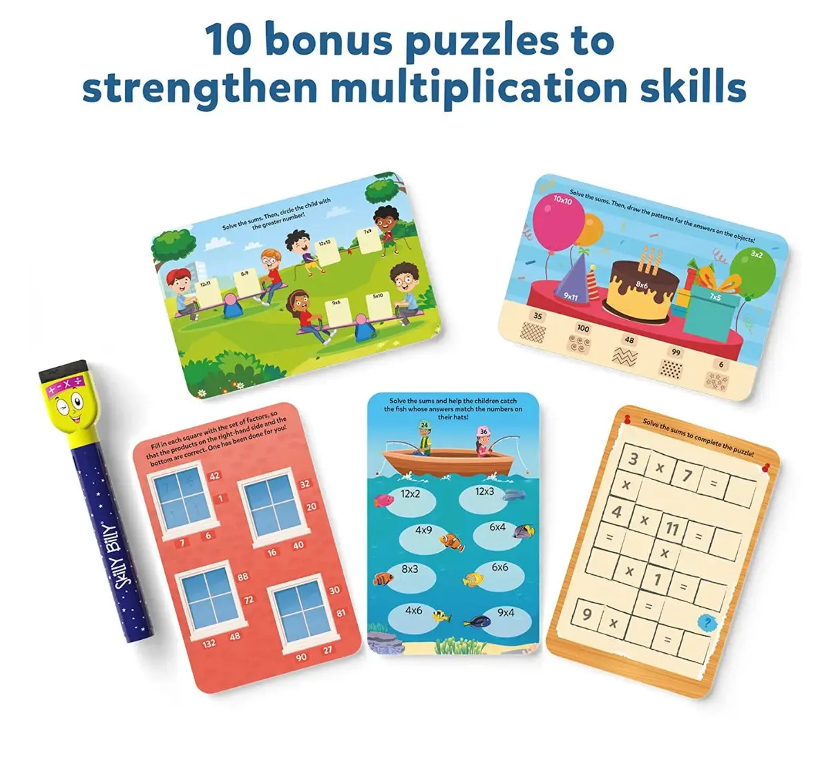 Skillmatics Multiplication Flash Card - 169 Cards with Dry Erase Marker, 2nd to 6th Grade Math Practice, Bonus Puzzles, Tips, Tricks, Games & Chart, Multicolour