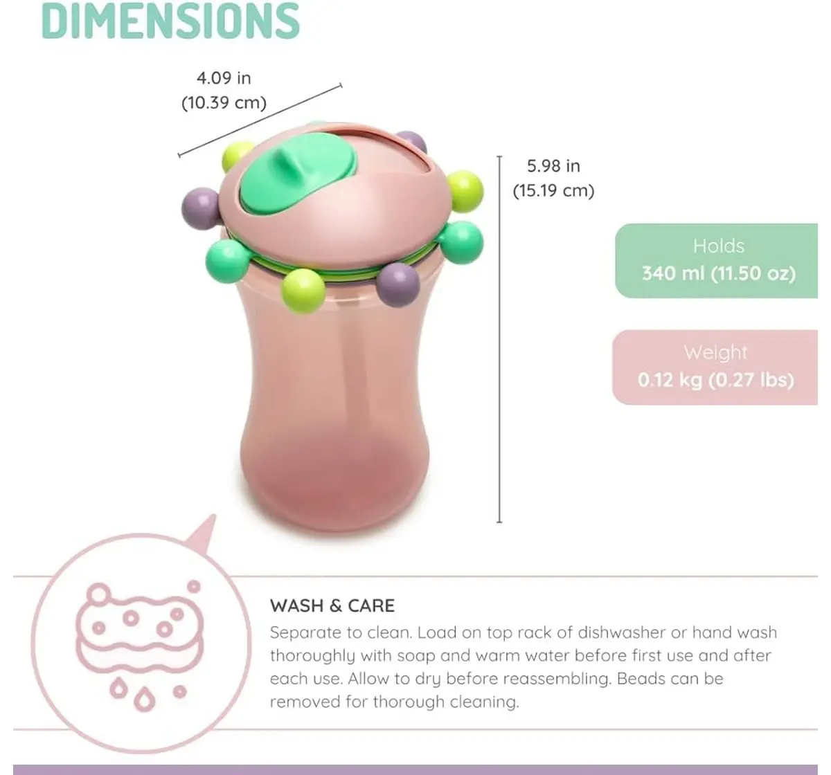Melii Abacus Sippy Cup, 1 Pack, 340ml, Pink, 12M+