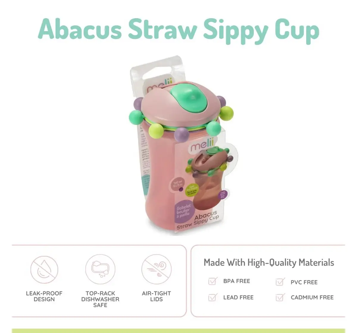 Melii Abacus Sippy Cup, 1 Pack, 340ml, Pink, 12M+