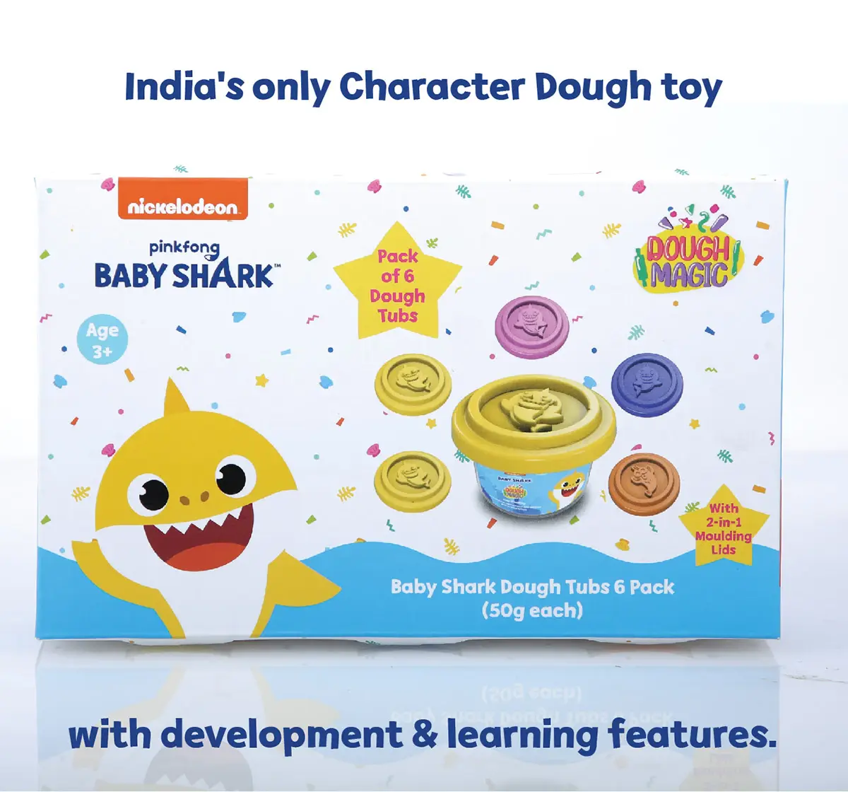 Dough Magic Baby Shark Dough Tubs With 2 in 1 Moulding Lid Pack of 6 For Kids of Age 3Y+, Multicolour