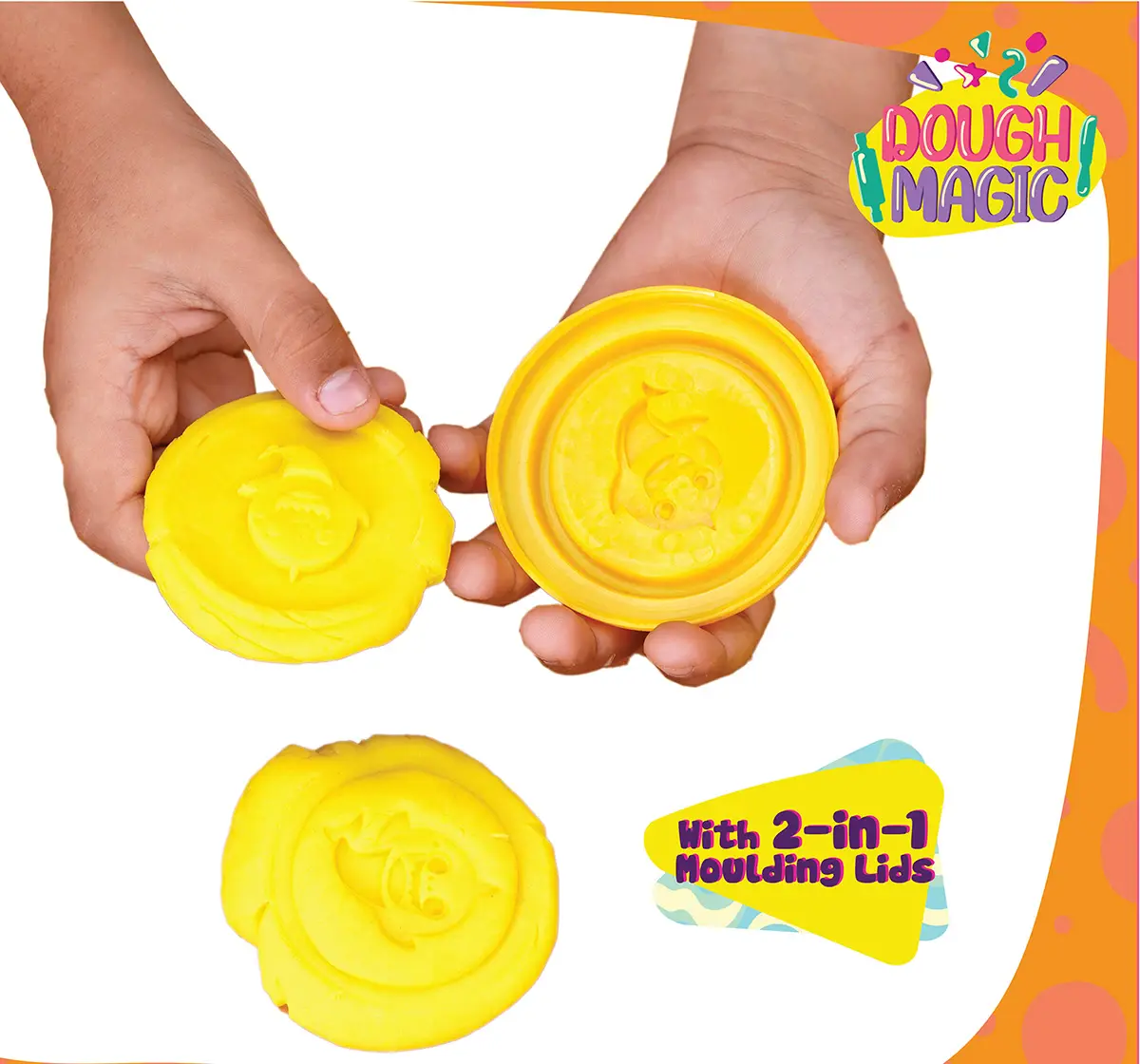 Dough Magic Baby Shark Dough Tubs With 2 in 1 Moulding Lid Pack of 6 For Kids of Age 3Y+, Multicolour
