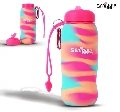Smiggle Vivid Silicone Roll Up Water Bottle for Kids 630 ML Capacity BPA Free Lightweight Safe Durable Drinking Water Bottle - Pink, 3Y+