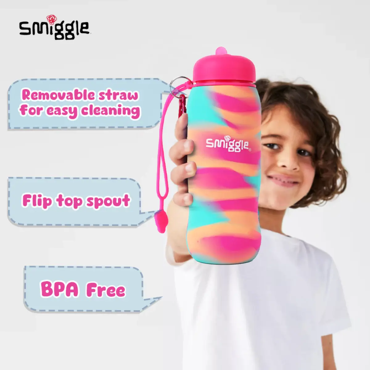 Smiggle Vivid Silicone Roll Up Water Bottle for Kids 630 ML Capacity BPA Free Lightweight Safe Durable Drinking Water Bottle - Pink, 3Y+