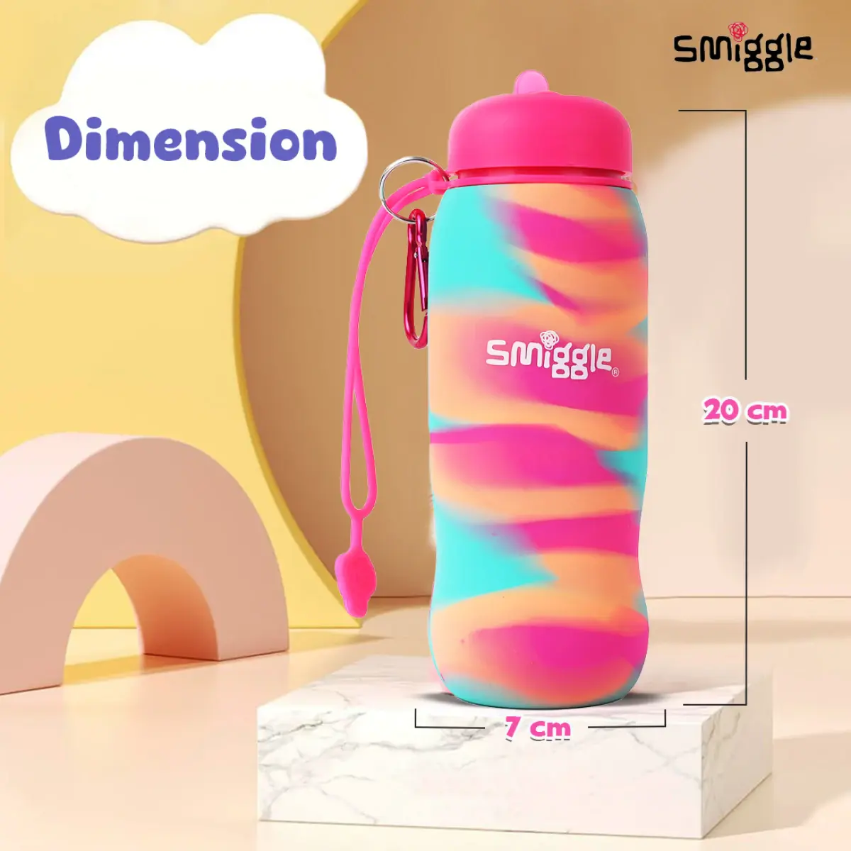 Smiggle Vivid Silicone Roll Up Water Bottle for Kids 630 ML Capacity BPA Free Lightweight Safe Durable Drinking Water Bottle - Pink, 3Y+