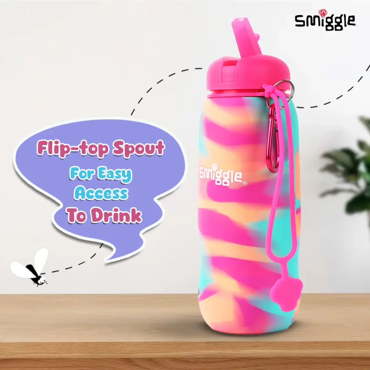 Smiggle Vivid Silicone Roll Up Water Bottle for Kids 630 ML Capacity BPA Free Lightweight Safe Durable Drinking Water Bottle - Pink, 3Y+