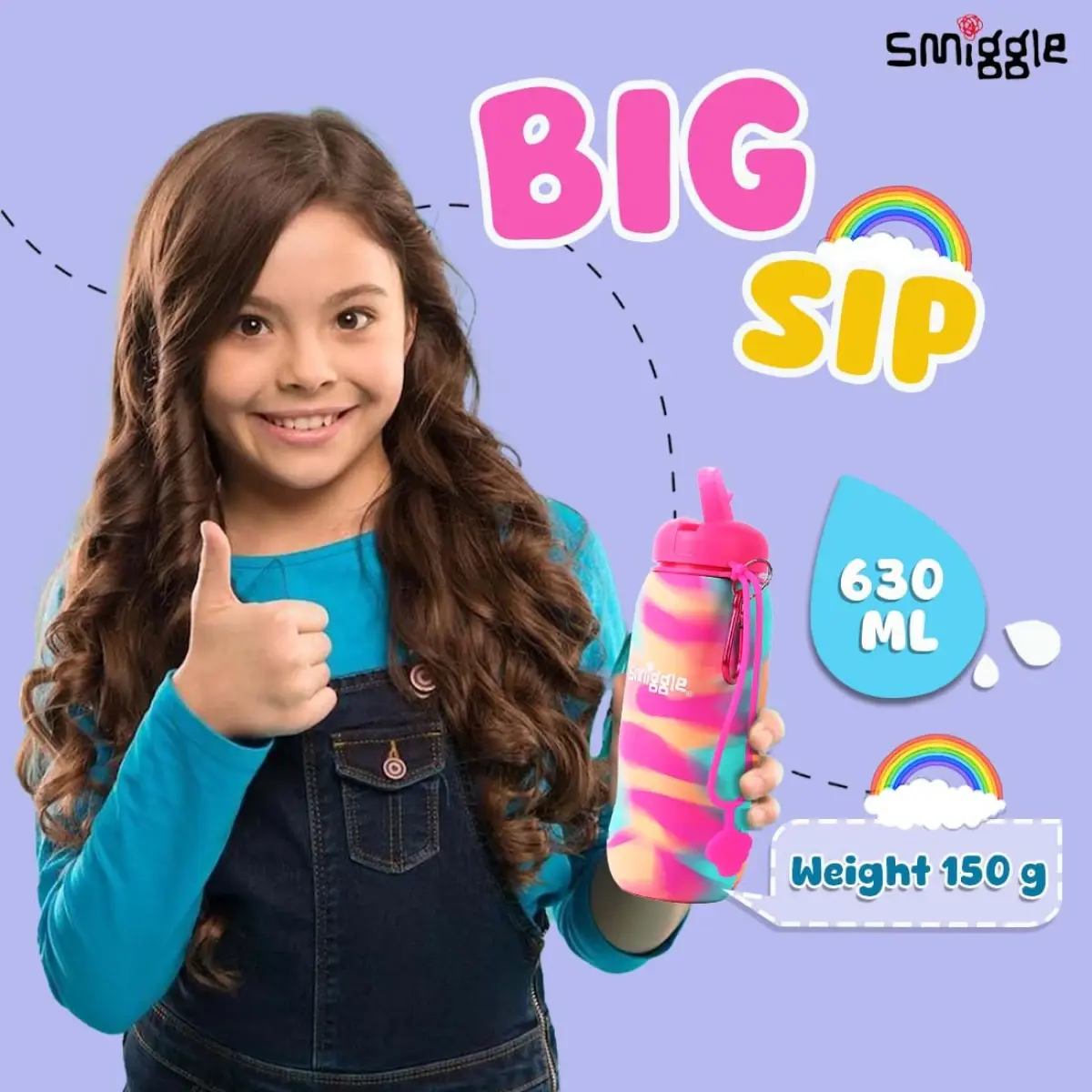 Smiggle Vivid Silicone Roll Up Water Bottle for Kids 630 ML Capacity BPA Free Lightweight Safe Durable Drinking Water Bottle - Pink, 3Y+