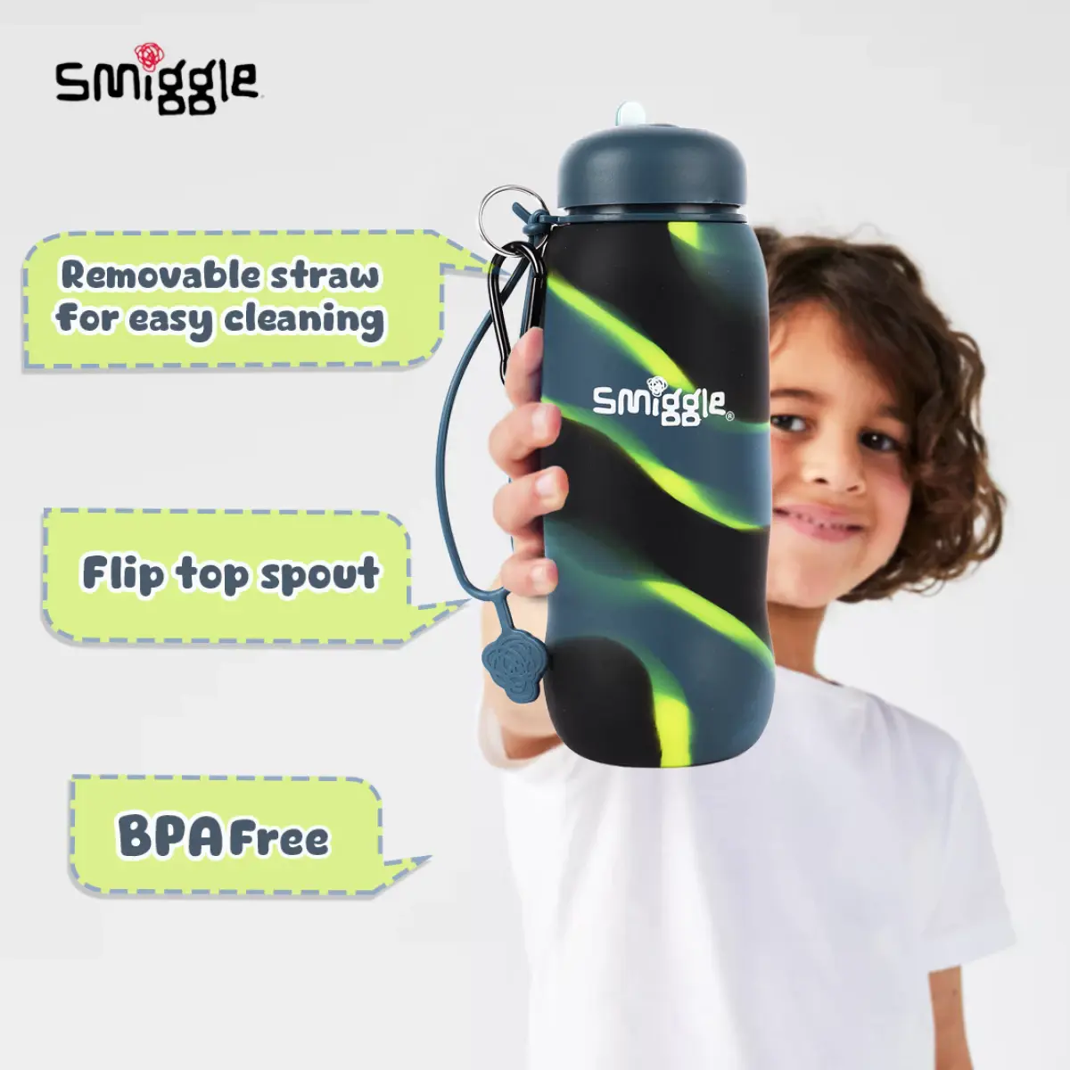 Smiggle Vivid Silicone Roll Up Water Bottle for Kids 630 ML Capacity BPA Free Lightweight Safe Durable Drinking Water Bottle - Grey, 3Y+