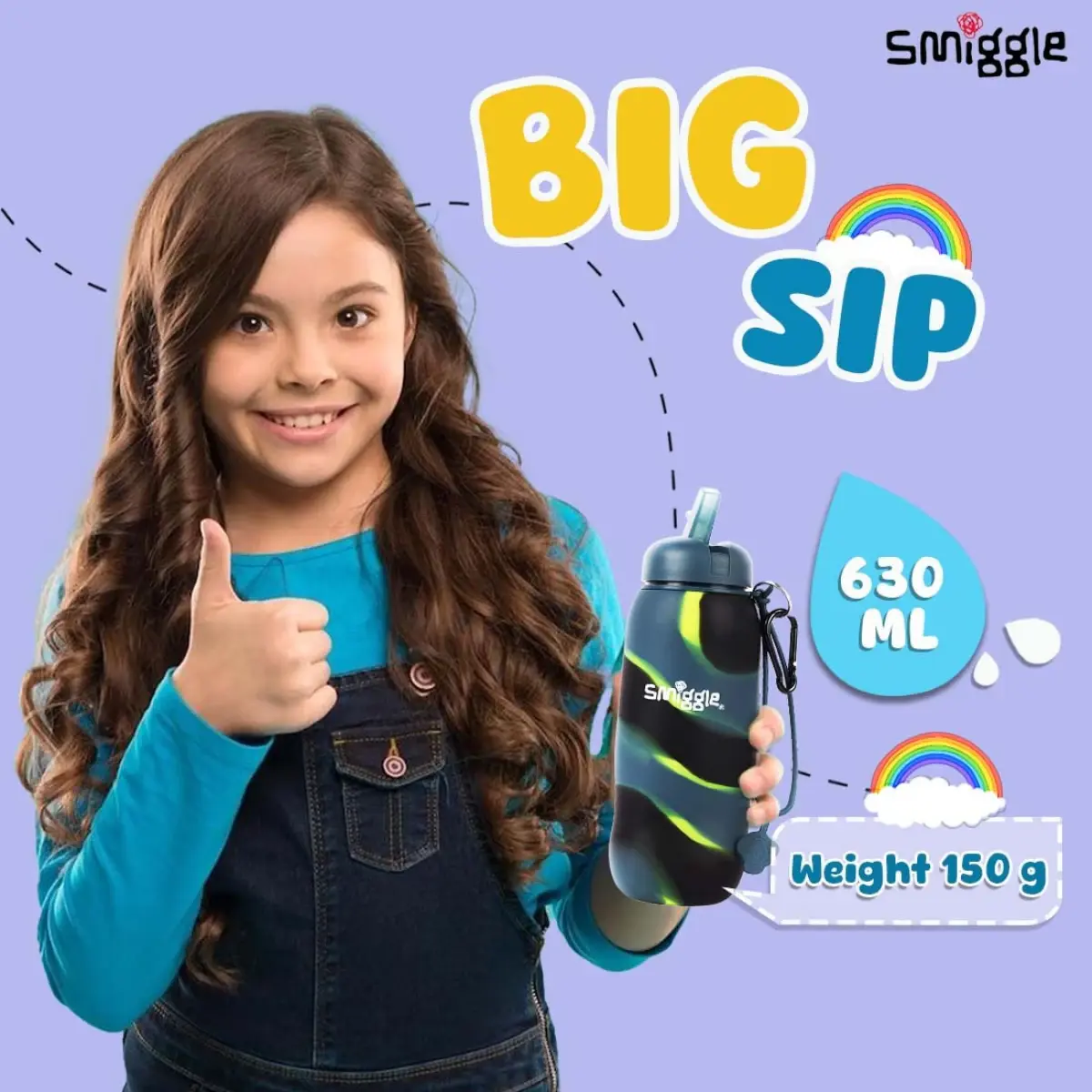 Smiggle Vivid Silicone Roll Up Water Bottle for Kids 630 ML Capacity BPA Free Lightweight Safe Durable Drinking Water Bottle - Grey, 3Y+