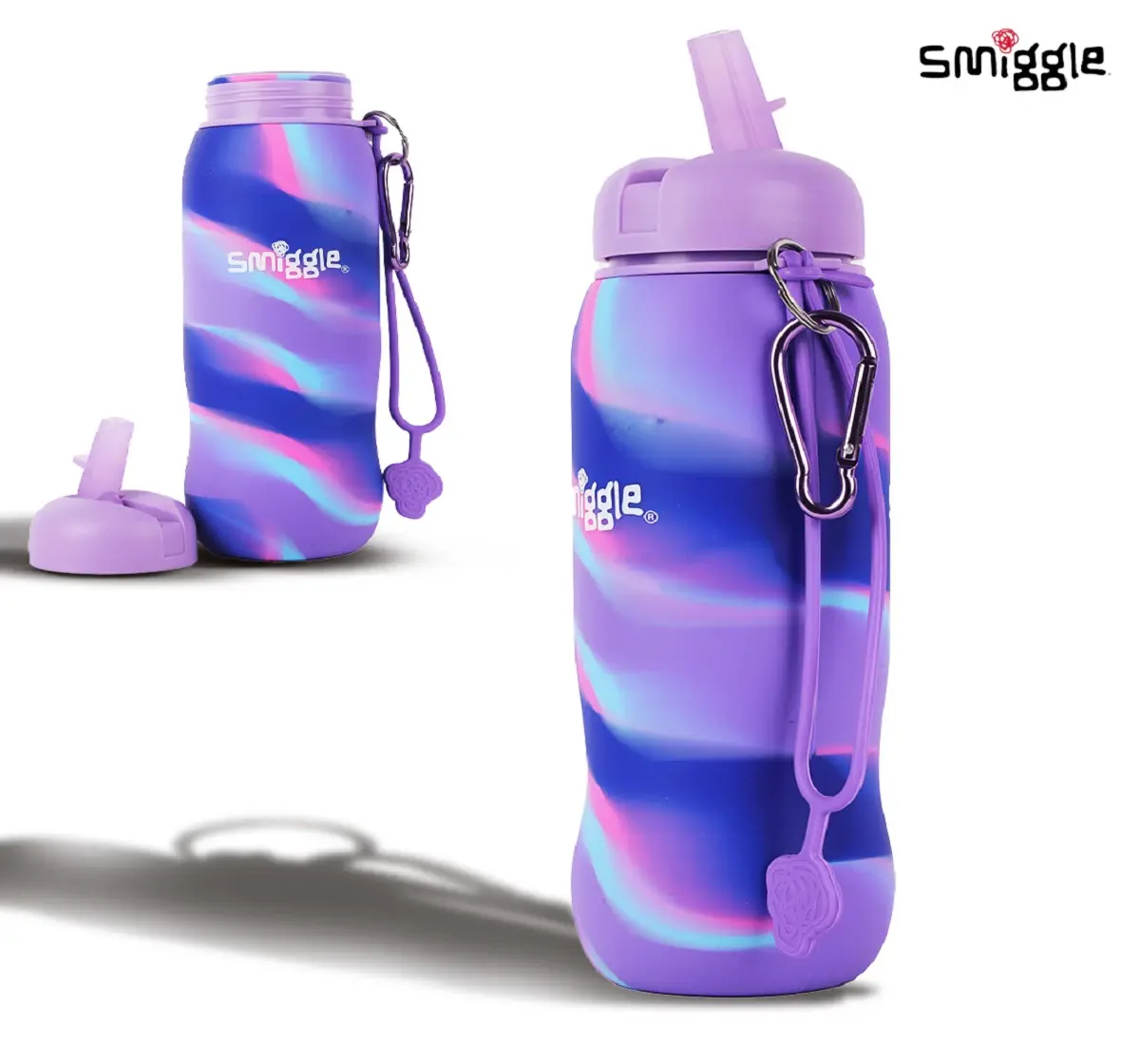 Smiggle Vivid Silicone Roll Up Water Bottle for Kids 630 ML Capacity BPA Free Lightweight Safe Durable Drinking Water Bottle - Lilac, 3Y+