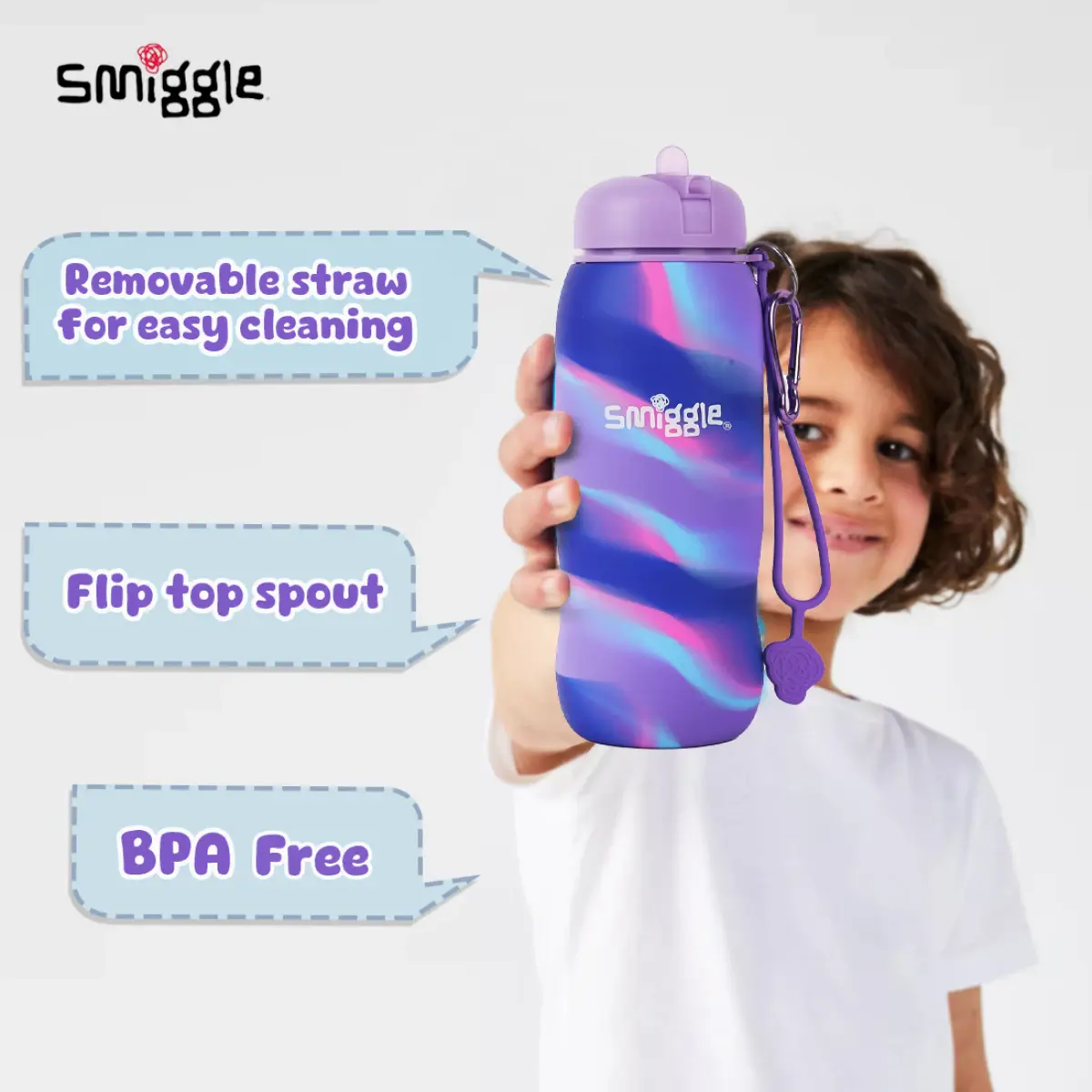 Smiggle Vivid Silicone Roll Up Water Bottle for Kids 630 ML Capacity BPA Free Lightweight Safe Durable Drinking Water Bottle - Lilac, 3Y+