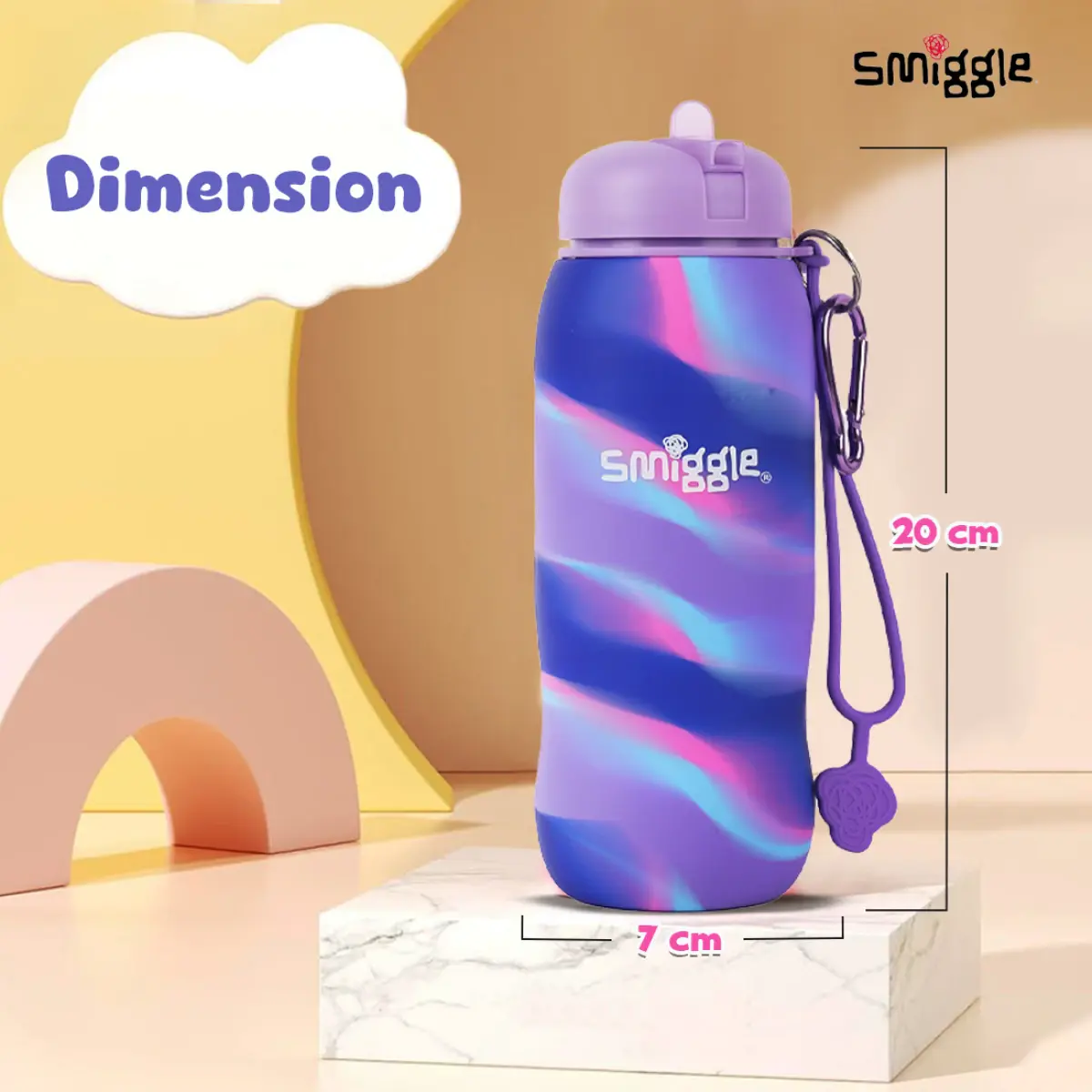 Smiggle Vivid Silicone Roll Up Water Bottle for Kids 630 ML Capacity BPA Free Lightweight Safe Durable Drinking Water Bottle - Lilac, 3Y+
