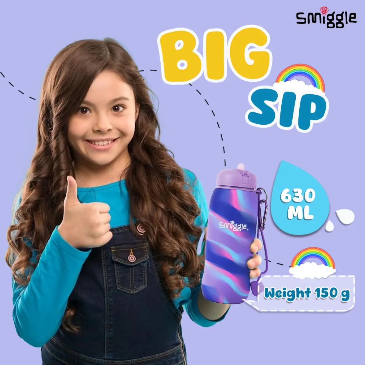 Smiggle Vivid Silicone Roll Up Water Bottle for Kids 630 ML Capacity BPA Free Lightweight Safe Durable Drinking Water Bottle - Lilac, 3Y+