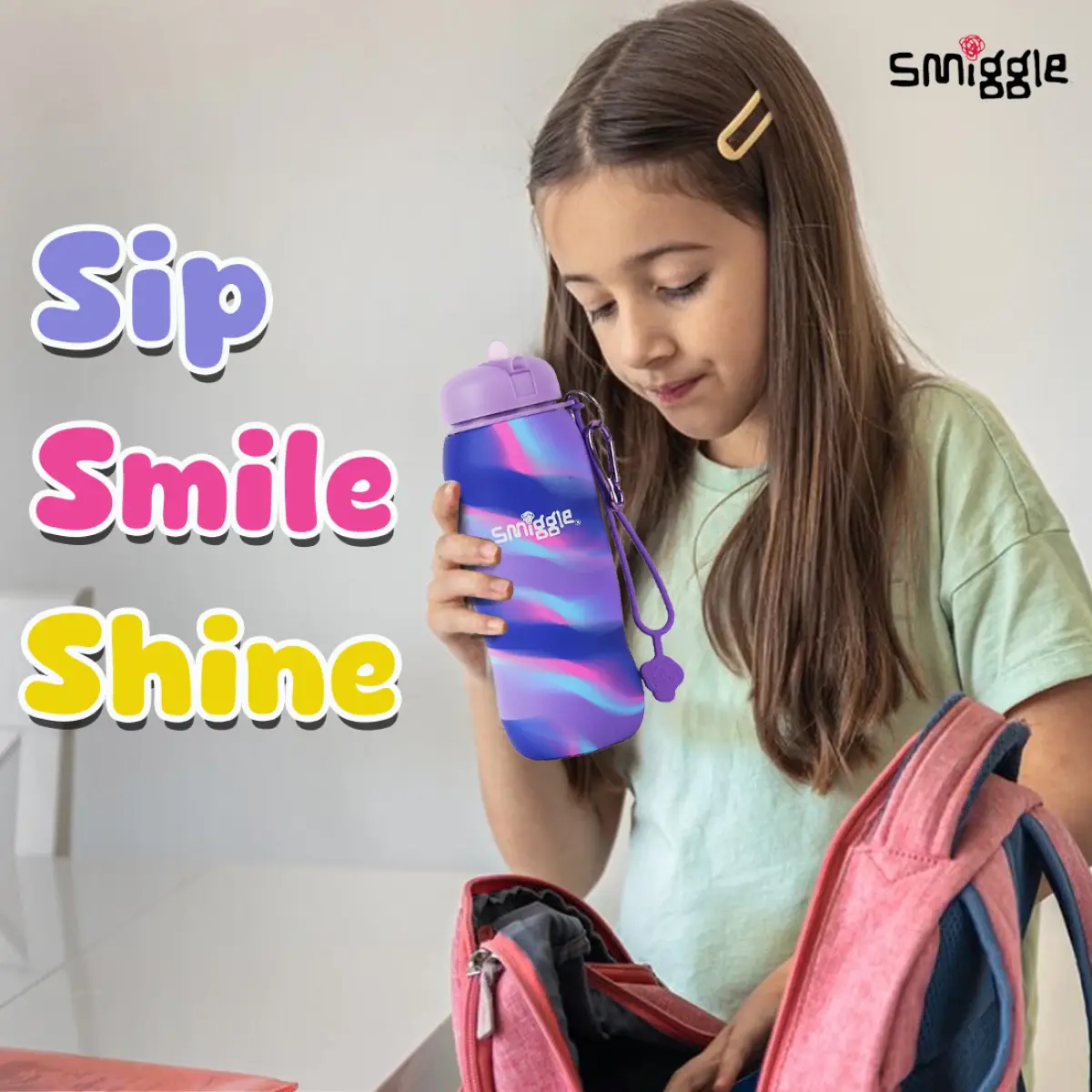 Smiggle Vivid Silicone Roll Up Water Bottle for Kids 630 ML Capacity BPA Free Lightweight Safe Durable Drinking Water Bottle - Lilac, 3Y+