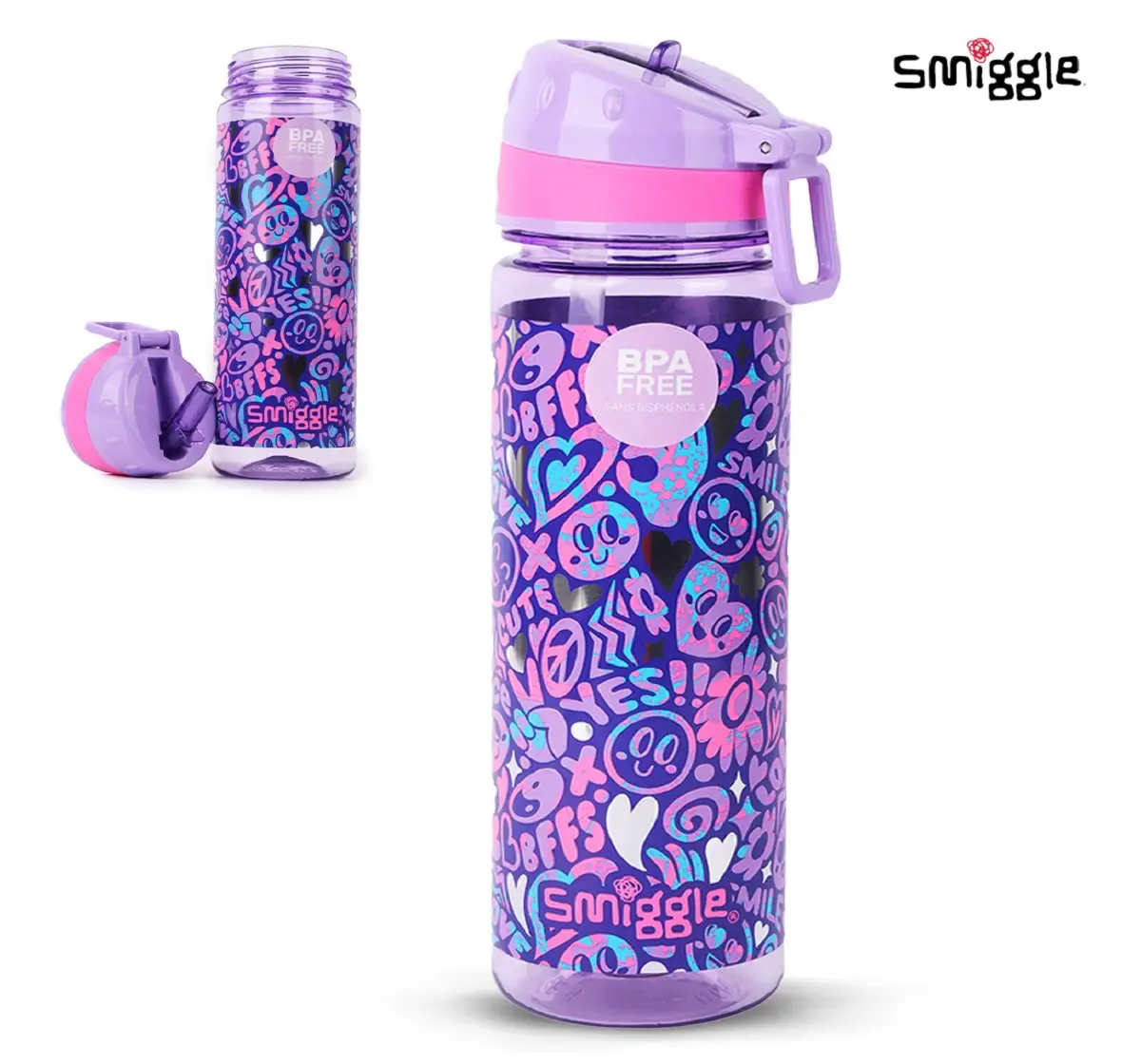 Smiggle Vivid Collection Water Bottle for Kids with Flip Top Spout 650ML Capacity BPA Free Anti Leak Plastic Bottle - Purple, 3Y+
