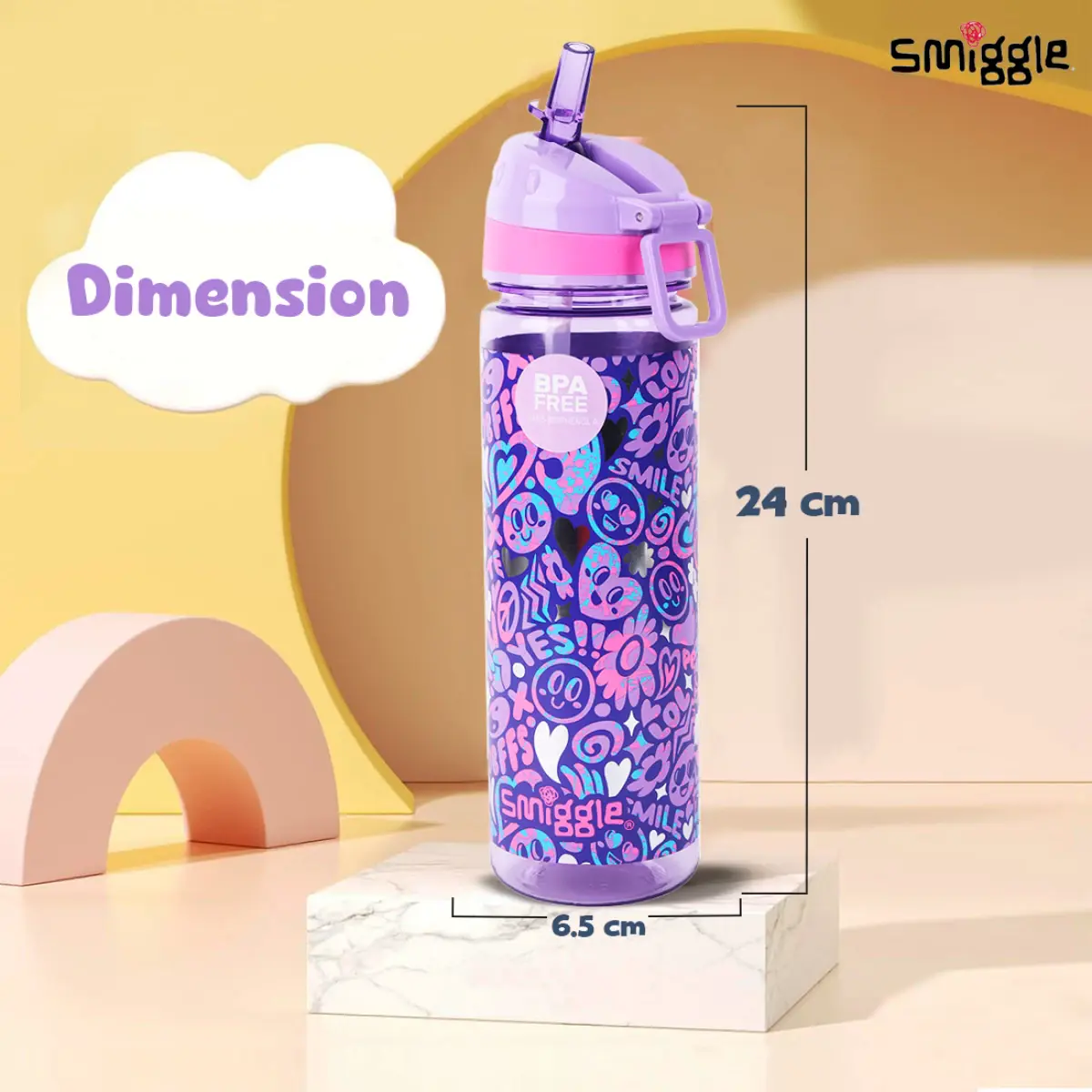 Smiggle Vivid Collection Water Bottle for Kids with Flip Top Spout 650ML Capacity BPA Free Anti Leak Plastic Bottle - Purple, 3Y+