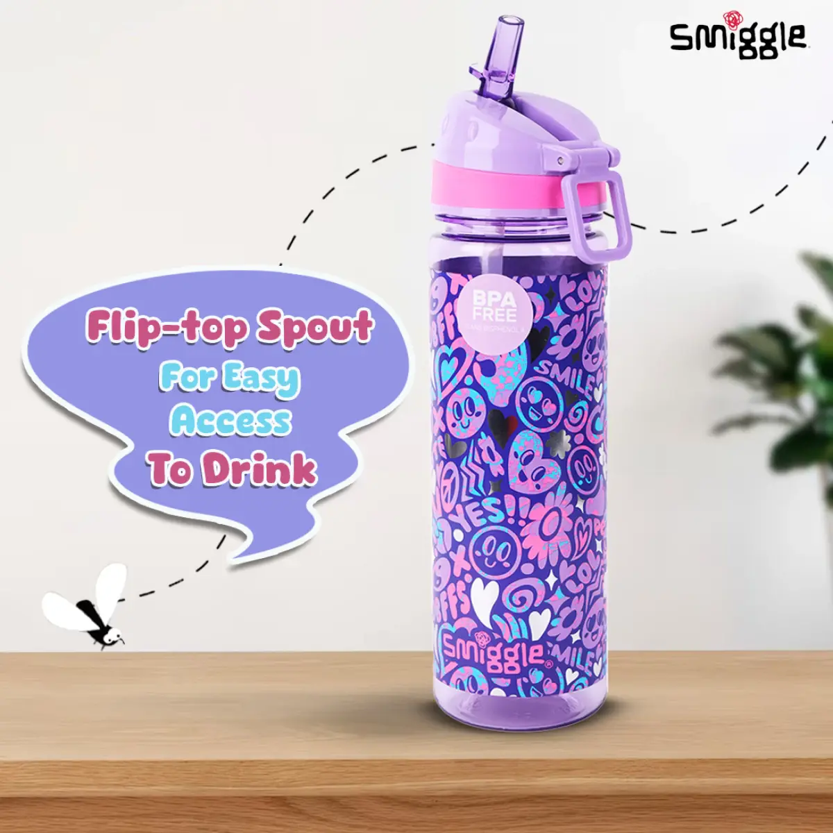 Smiggle Vivid Collection Water Bottle for Kids with Flip Top Spout 650ML Capacity BPA Free Anti Leak Plastic Bottle - Purple, 3Y+