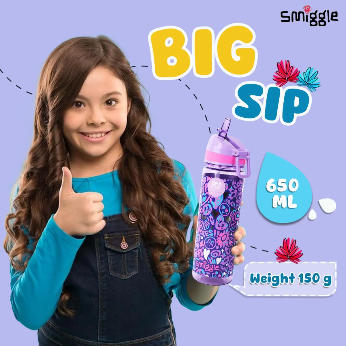 Smiggle Vivid Collection Water Bottle for Kids with Flip Top Spout 650ML Capacity BPA Free Anti Leak Plastic Bottle - Purple, 3Y+