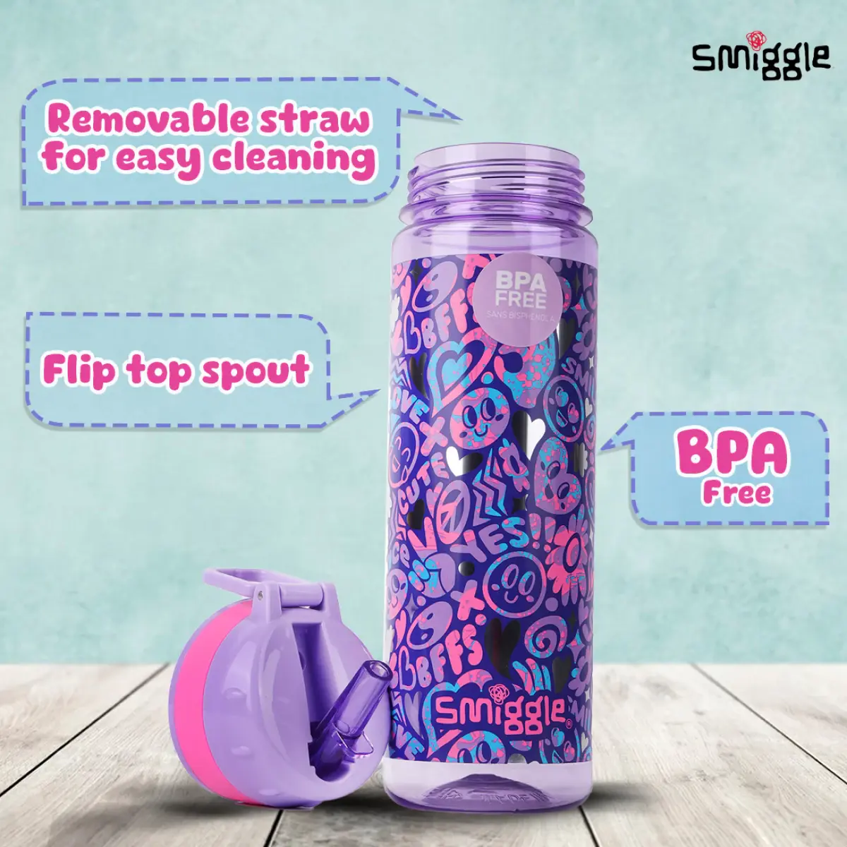 Smiggle Vivid Collection Water Bottle for Kids with Flip Top Spout 650ML Capacity BPA Free Anti Leak Plastic Bottle - Purple, 3Y+