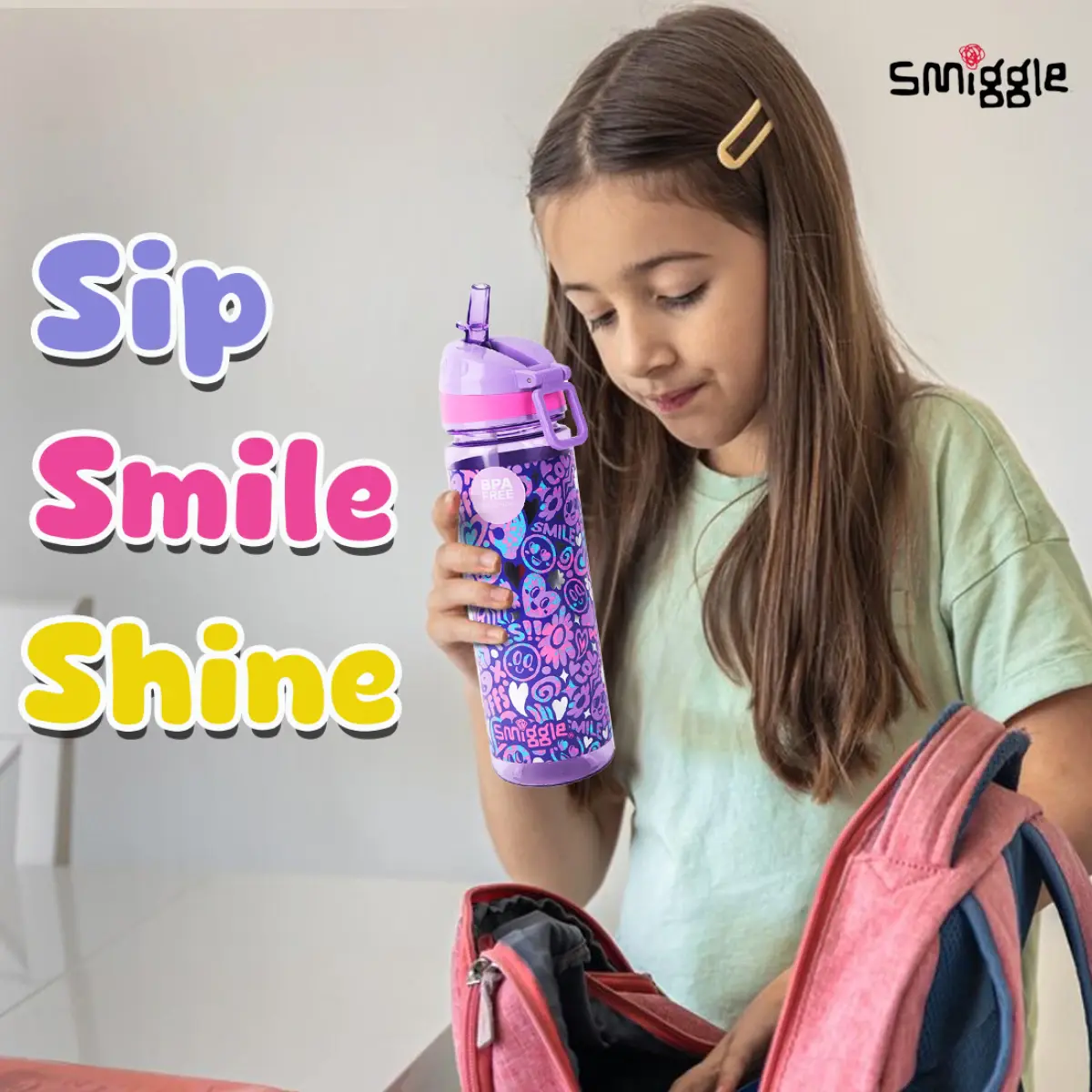 Smiggle Vivid Collection Water Bottle for Kids with Flip Top Spout 650ML Capacity BPA Free Anti Leak Plastic Bottle - Purple, 3Y+