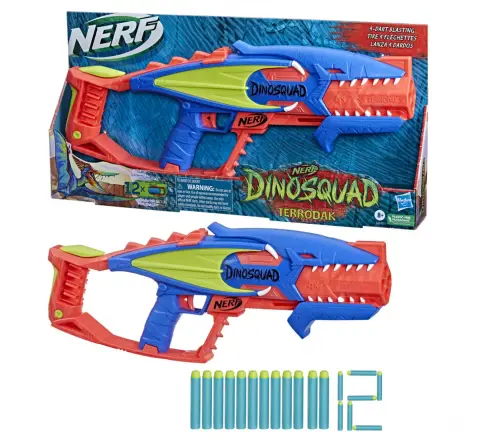 Nerf DinoSquad Terrodak, 4 Dart Blasting, Dart StorAge, 12 Nerf Elite Darts, Dinosaur Design, Toy Foam Nerf Blaster, 8Y+