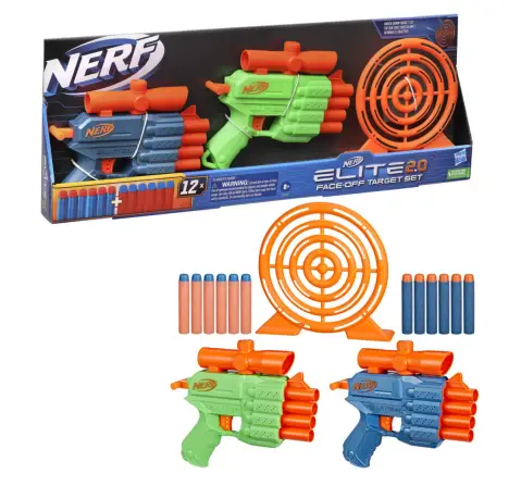 Nerf Elite 2.0 Face Off Target Set, Includes 2 Dart Blasters & Target; 12 Nerf Elite Darts, Toy Foam Blasters, 8Y+