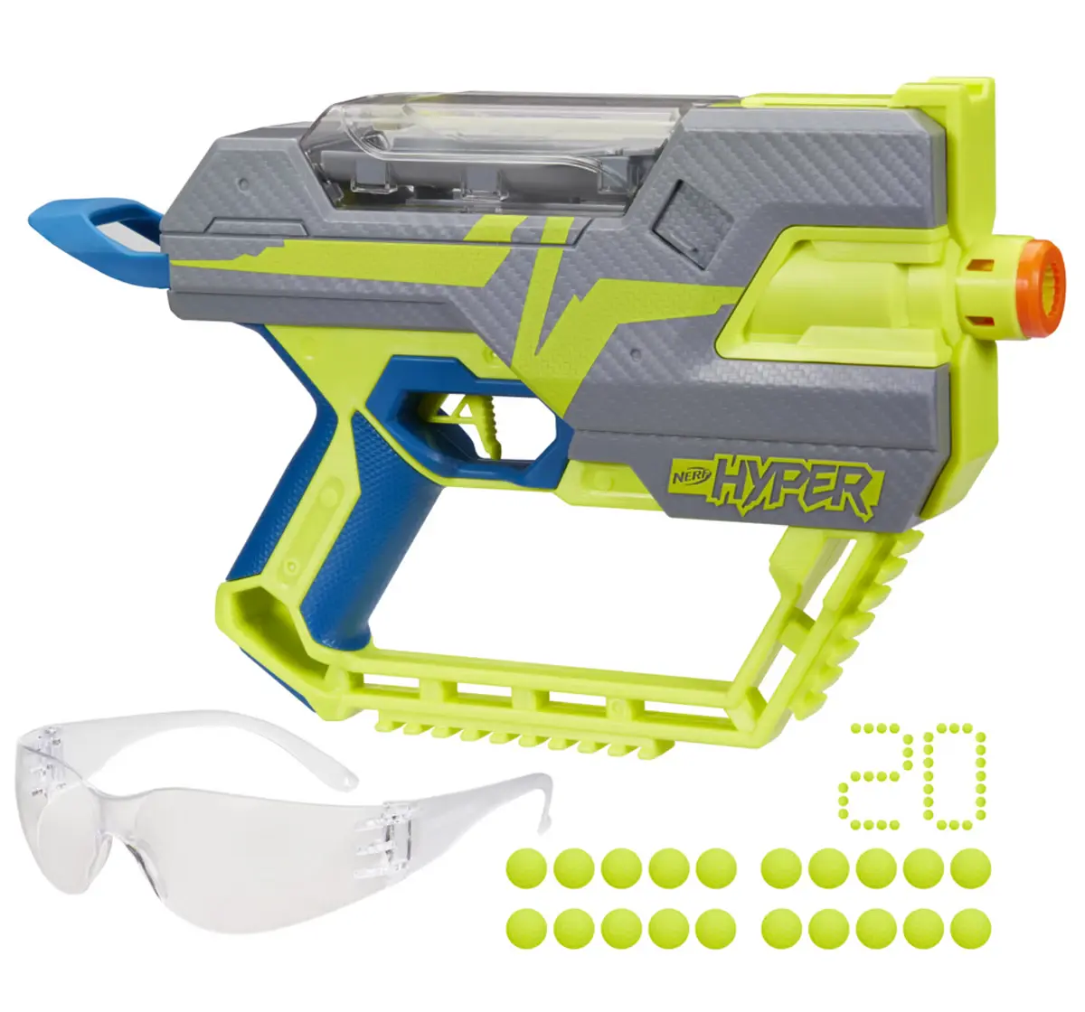 Nerf Hyper Fuel-20 Blaster, 20 Nerf Hyper Rounds, Up To 110 FPS Velocity, Hopper Fed, 20-Round Capacity, Easy Reload, Eyewear Included, 14Y+