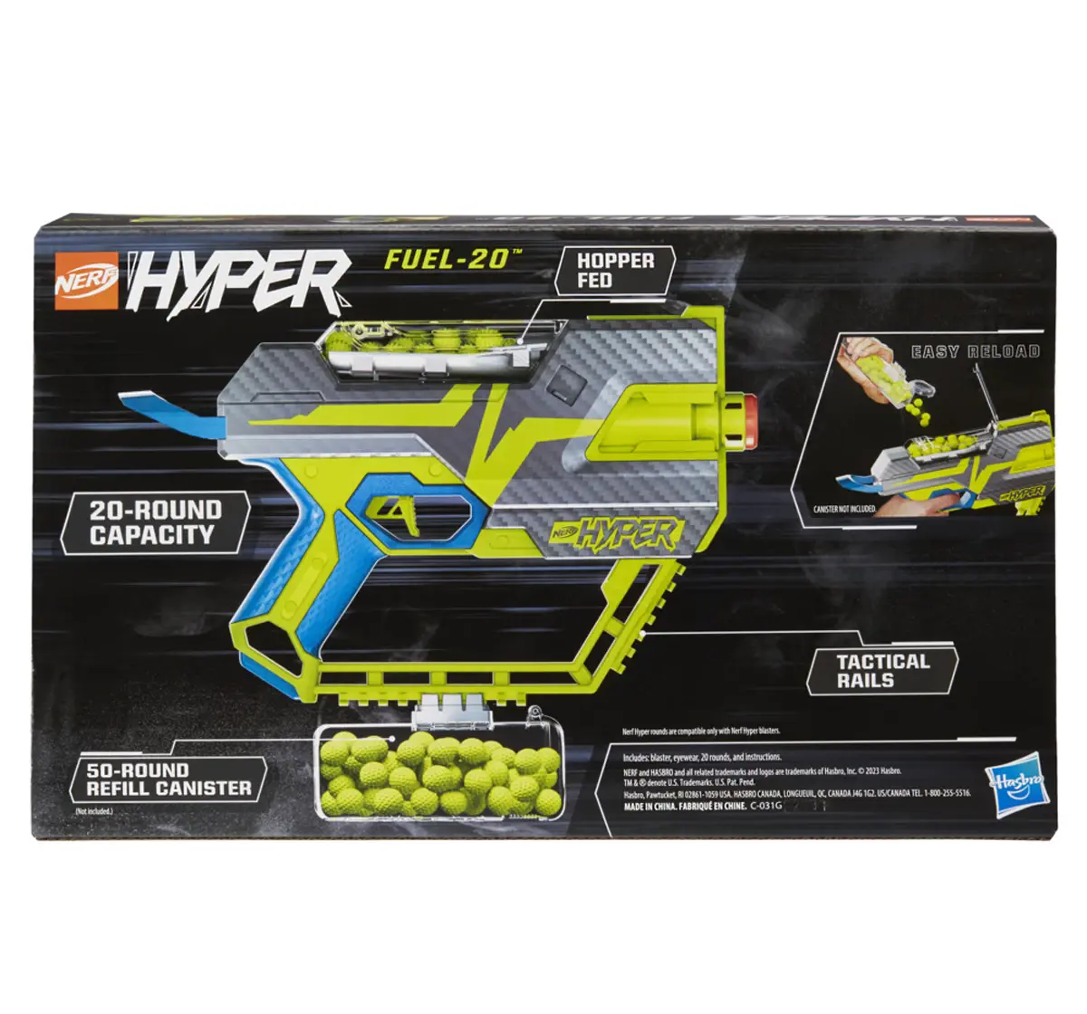 Nerf Hyper Fuel-20 Blaster, 20 Nerf Hyper Rounds, Up To 110 FPS Velocity, Hopper Fed, 20-Round Capacity, Easy Reload, Eyewear Included, 14Y+