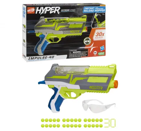 Nerf Hyper Impulse-40 Blaster, 30 Nerf Hyper Rounds, Spring-Open Instant Reload Hopper, Up To 110 FPS Velocity, Eyewear Included, 14Y+