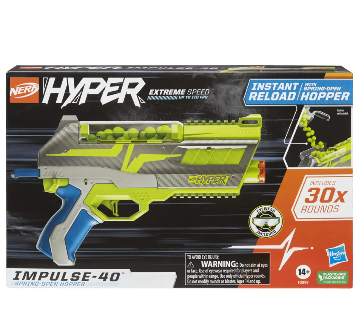 Nerf Hyper Impulse-40 Blaster, 30 Nerf Hyper Rounds, Spring-Open Instant Reload Hopper, Up To 110 FPS Velocity, Eyewear Included, 14Y+