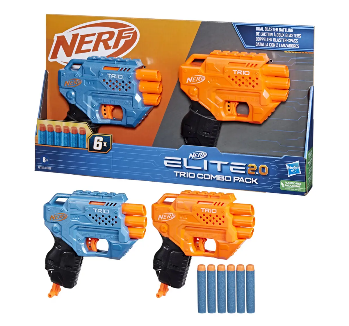 Hasbro Nerf Elite 2.0 Trio Combo Pack, 2 Trio Nerf Blasters, 6 Nerf Elite Darts, Pull Down Priming, Toy Foam Blaster Multicolour, 8Y+