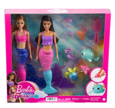 Barbie Mermaid Set with 2 Brunette Dolls, Colorful Mermaid Clothes, 4 Sea Pet Toys, 2 Tiaras, Headband, Necklace & Brush, Kids for 3Y+, Multicolour