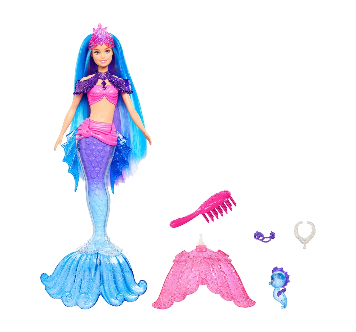 Barbie Mermaid Malibu Doll with Seahorse Pet and Accessories, Mermaid Toys with Interchangeable Fins, Kids for 3Y+, Multicolour
