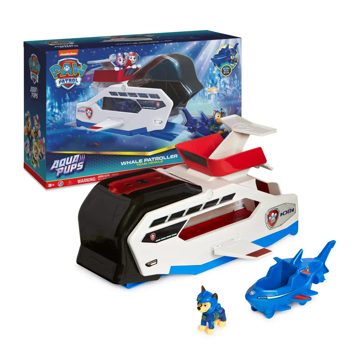 Paw Patrol Aqua Pups Whale Patroller Team Vehicle With Chase Action Figure, Toy Car And Vehicle Launcher, Kids Toys For Ages 3 And Up