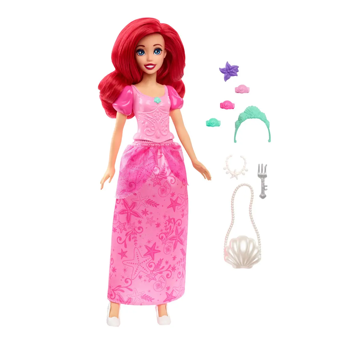 Disney Princess Toys, Ariel Fashion Doll in Signature Pink Dress and 9 Accessories, Inspired by The Movie, Kids for 3Y+, Multicolour