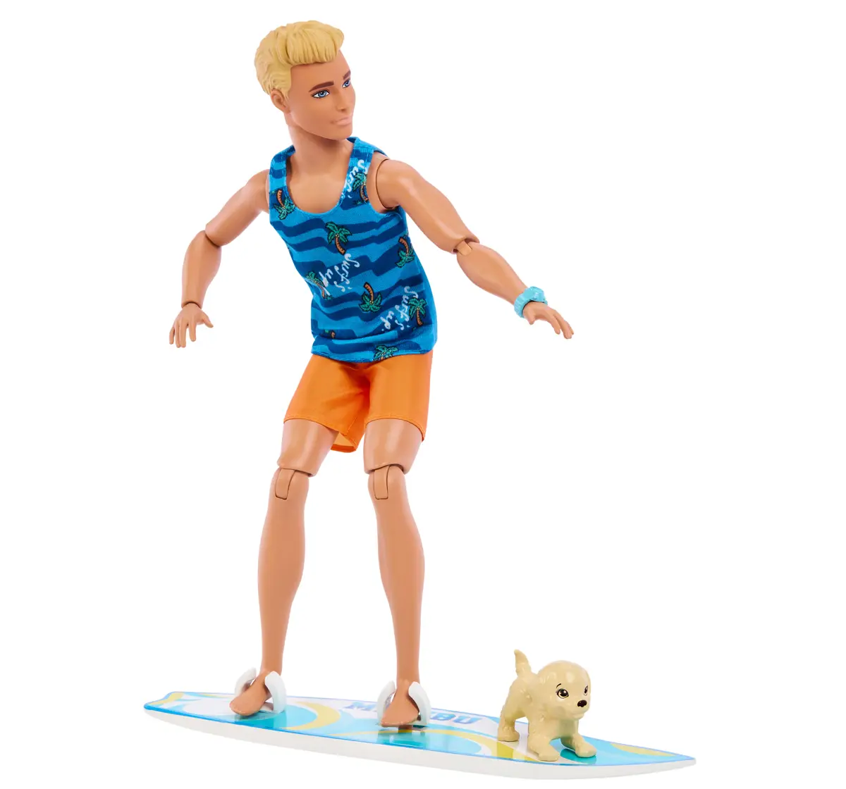 Ken Doll with Surfboard, Poseable Blonde Barbie Ken Beach Doll, Kids for 3Y+, Multicolour