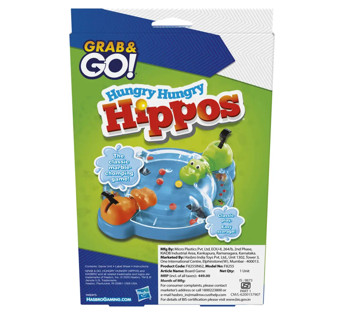 Hasbro Gaming Hungry Hungry Hippos Grab And Go Portable Game For 2 Players With 2 Chomping Hippos Multicolour, 4Y+