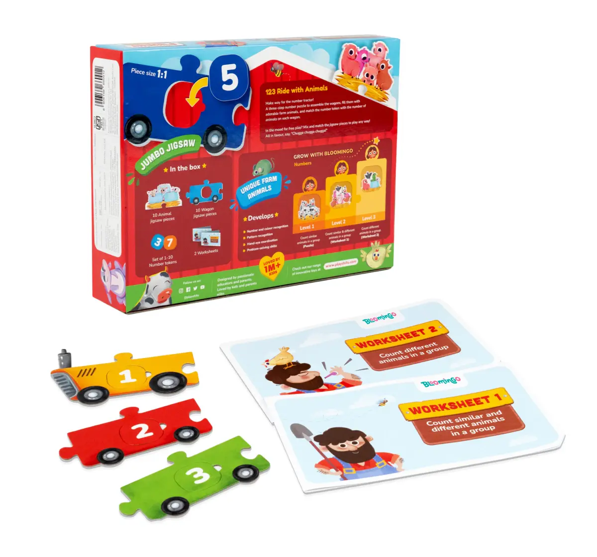 Bloomingo 123 Ride with Animals - Number Puzzle and Math Worksheets, 2Y+