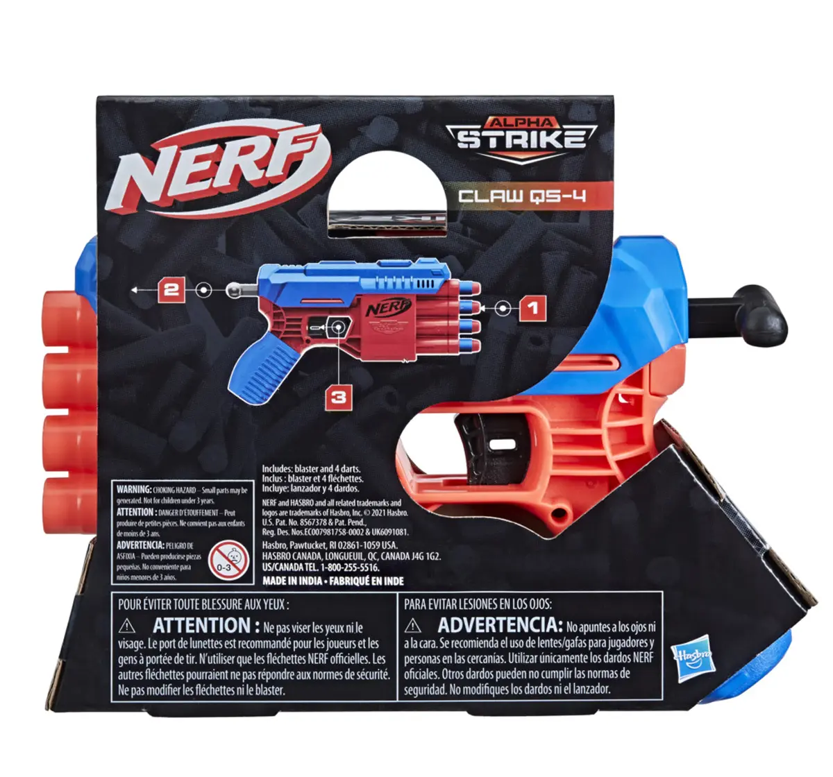 Nerf Alpha Strike Claw QS-4 Blaster, 4 Official Nerf Elite Foam Darts, 8Y+