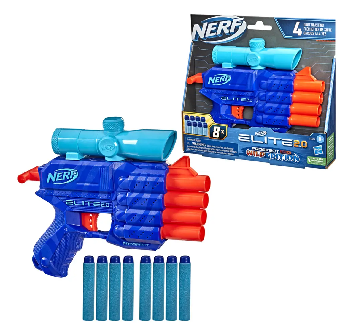 Hasbro Nerf Elite 2.0 Prospect Qs-4 Blaster, Wild Edition Color Design, 8 Nerf Elite Darts, 4-Dart Blasting, Targeting Scope, Pull Back Priming Multicolour, 8Y+