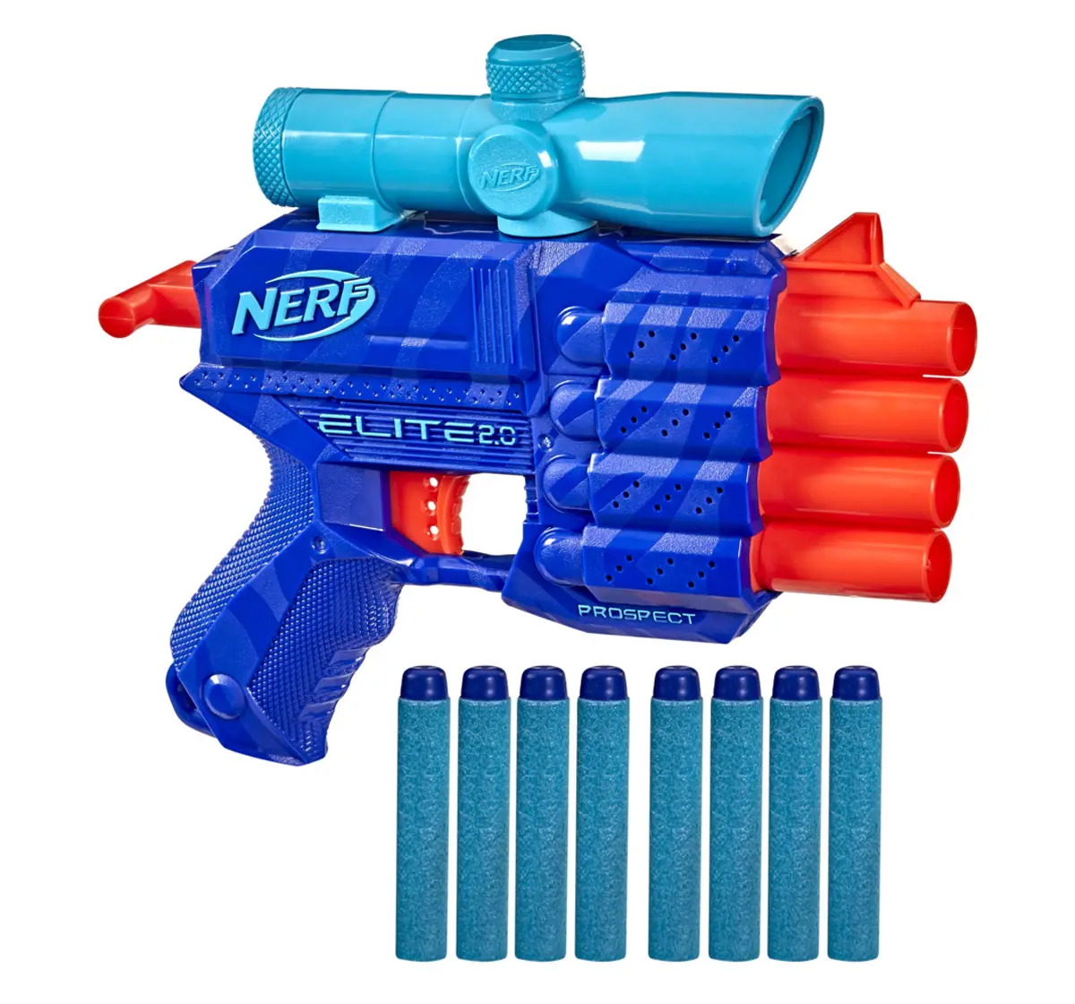 Hasbro Nerf Elite 2.0 Prospect Qs-4 Blaster, Wild Edition Color Design, 8 Nerf Elite Darts, 4-Dart Blasting, Targeting Scope, Pull Back Priming Multicolour, 8Y+