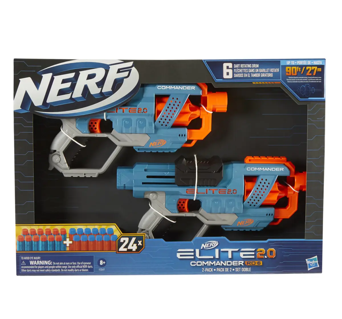 Nerf Elite 2.0 Commander RD-6 Blaster 2-Pack, 2 Blasters, 24 Nerf Elite Darts, 6-Dart Rotating Drum, Barrel and Stock Attachment Points, 8Y+