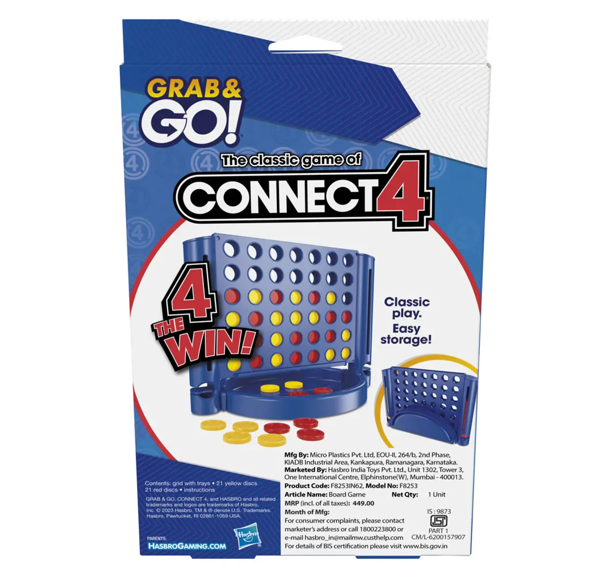 Hasbro Gaming Connect 4 Grab And Go Game Portable Game For 2 Players Multicolour, 6Y+