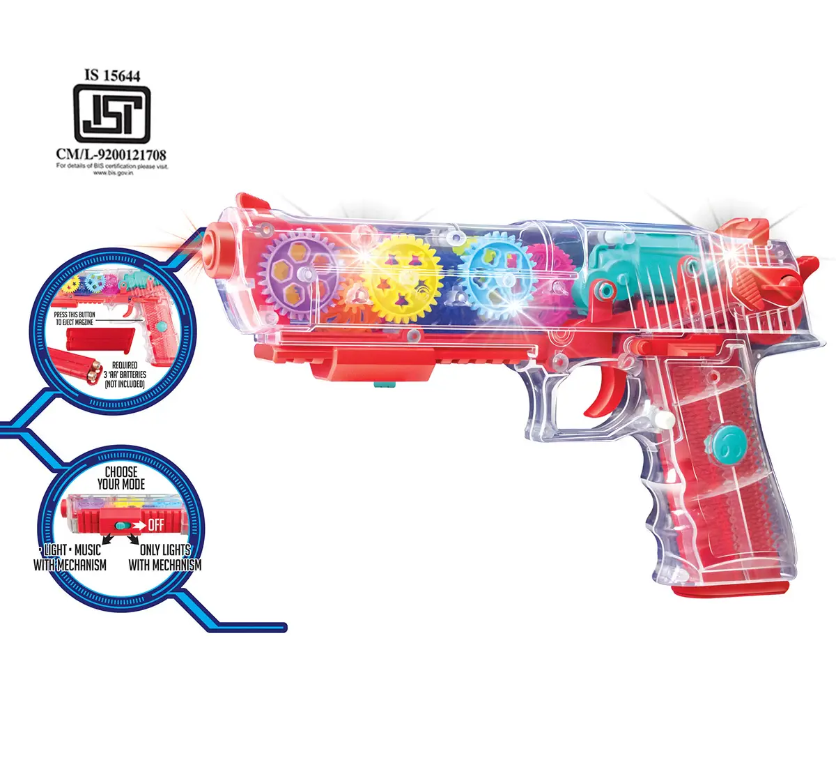 ITOYS Gearnox Flashing Light and Musical Sound Transparent Glow Gear Gun with 3D Lights and Music Pretend Play Toy Gun, Multicolour, 3Y+