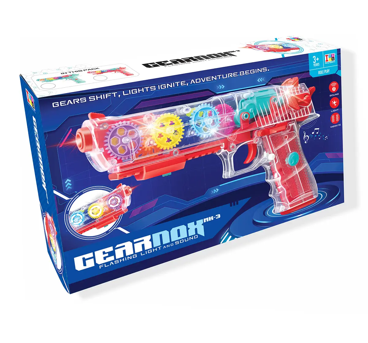 ITOYS Gearnox Flashing Light and Musical Sound Transparent Glow Gear Gun with 3D Lights and Music Pretend Play Toy Gun, Multicolour, 3Y+