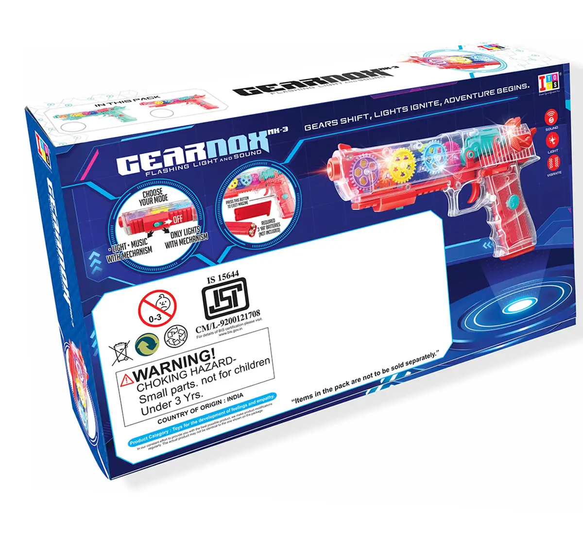 ITOYS Gearnox Flashing Light and Musical Sound Transparent Glow Gear Gun with 3D Lights and Music Pretend Play Toy Gun, Multicolour, 3Y+