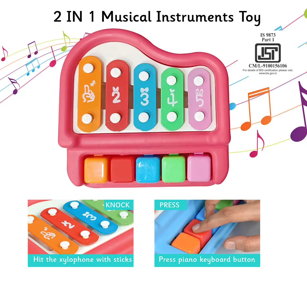 ITOYS Xylophone 5 Keys Musical Toy, Multicolour, 12M+