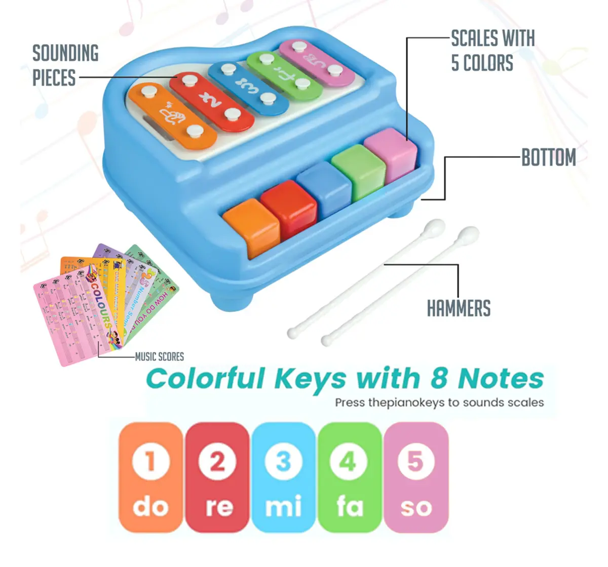 ITOYS Xylophone 5 Keys Musical Toy, Multicolour, 12M+
